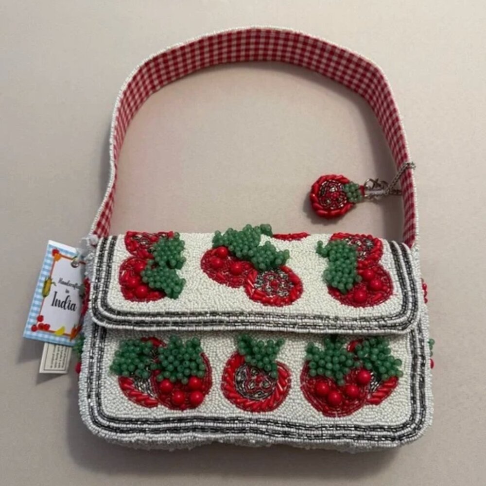 Handcrafted in India Beaded Bag Tomatoes Gingham Interior w Charm NWT
